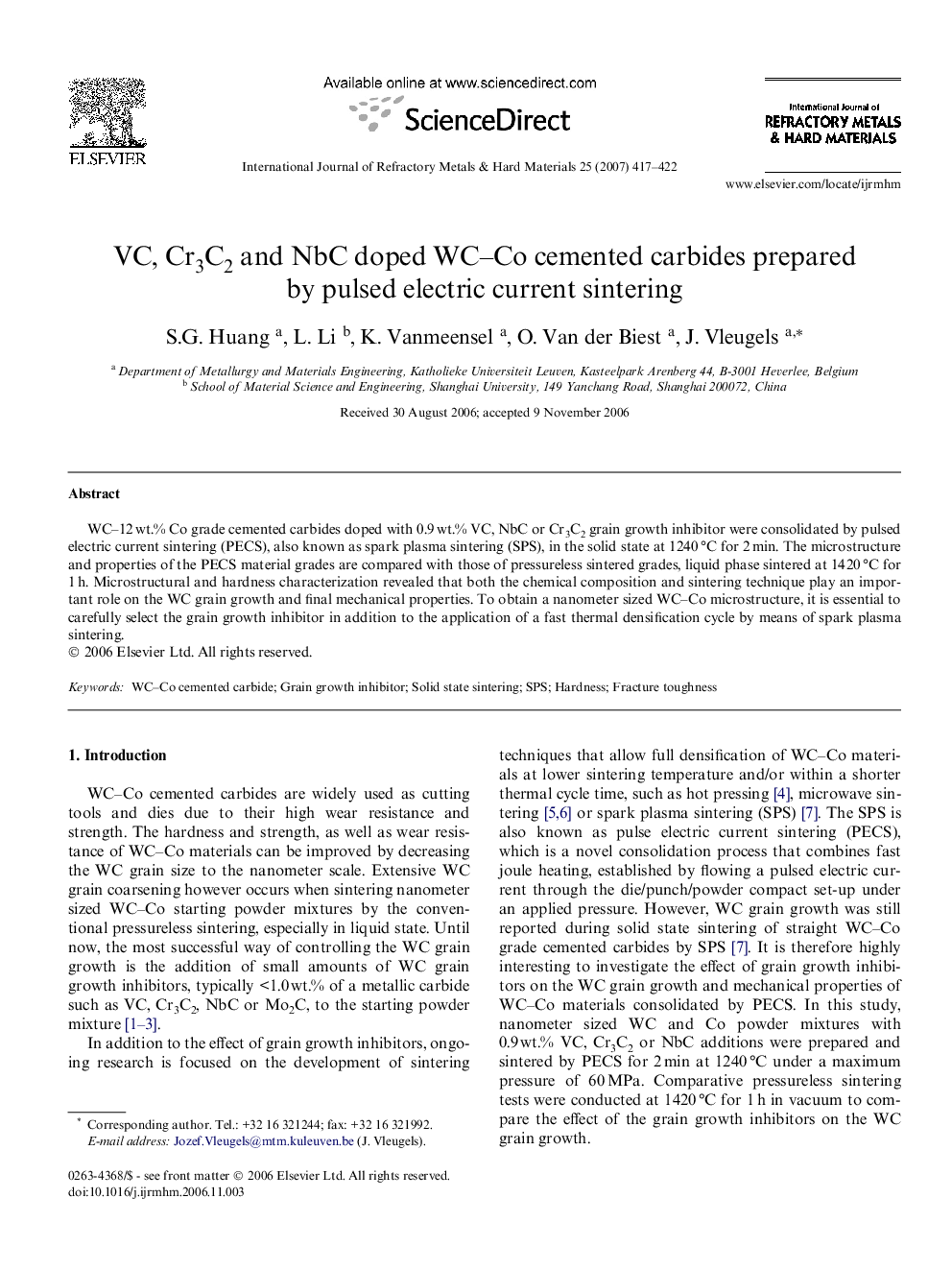 VC, Cr3C2 and NbC doped WC–Co cemented carbides prepared by pulsed electric current sintering