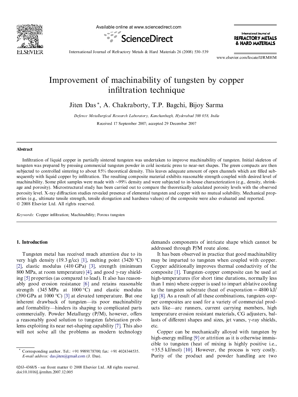 Improvement of machinability of tungsten by copper infiltration technique