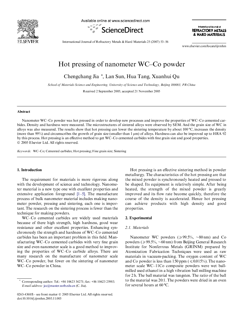 Hot pressing of nanometer WC–Co powder