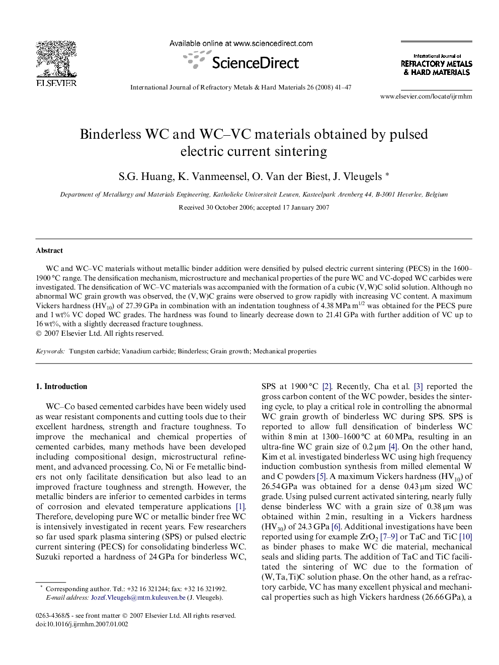 Binderless WC and WC-VC materials obtained by pulsed electric current sintering