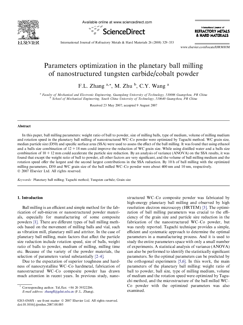 Parameters optimization in the planetary ball milling of nanostructured tungsten carbide/cobalt powder