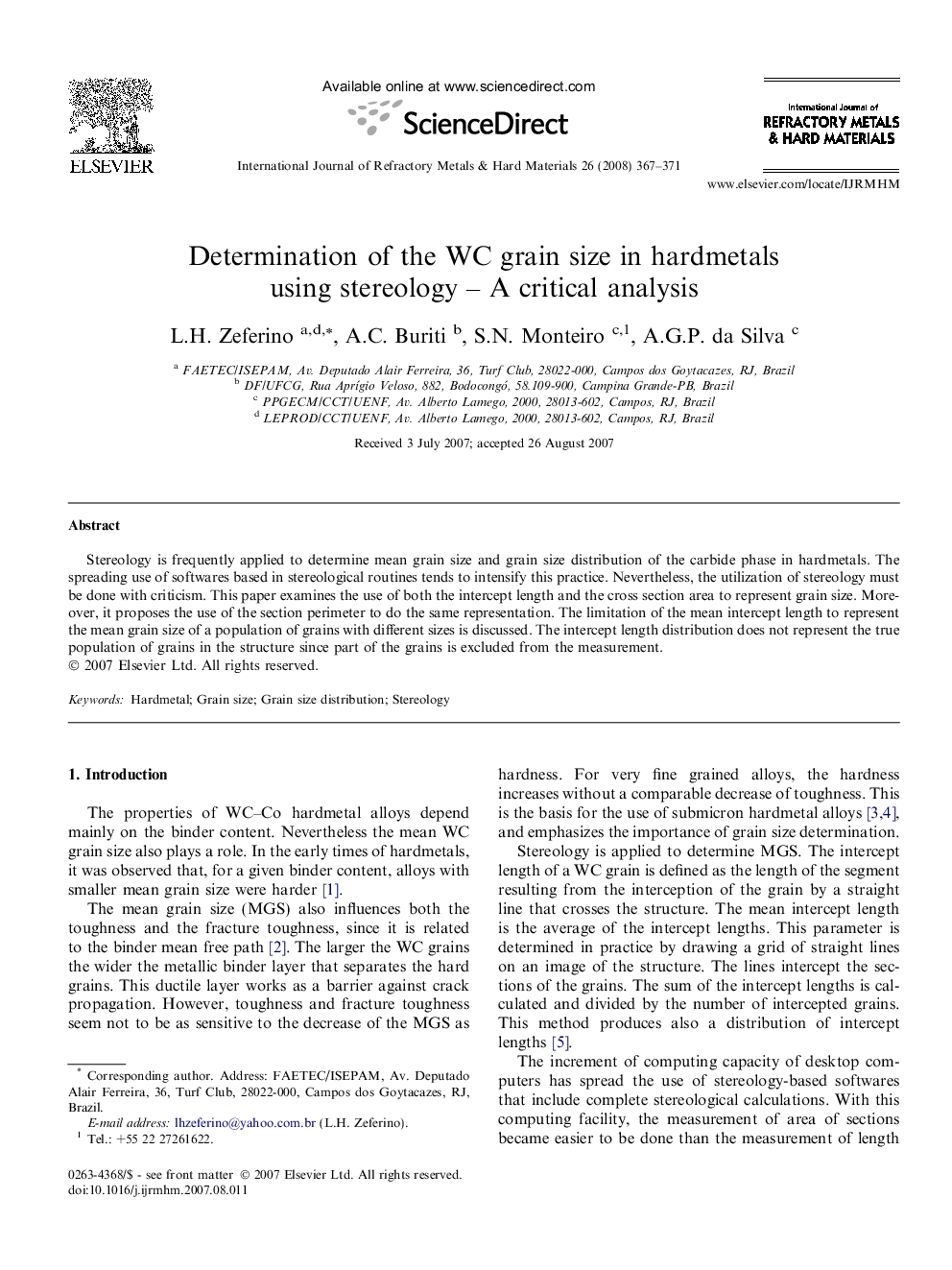 Determination of the WC grain size in hardmetals using stereology – A critical analysis