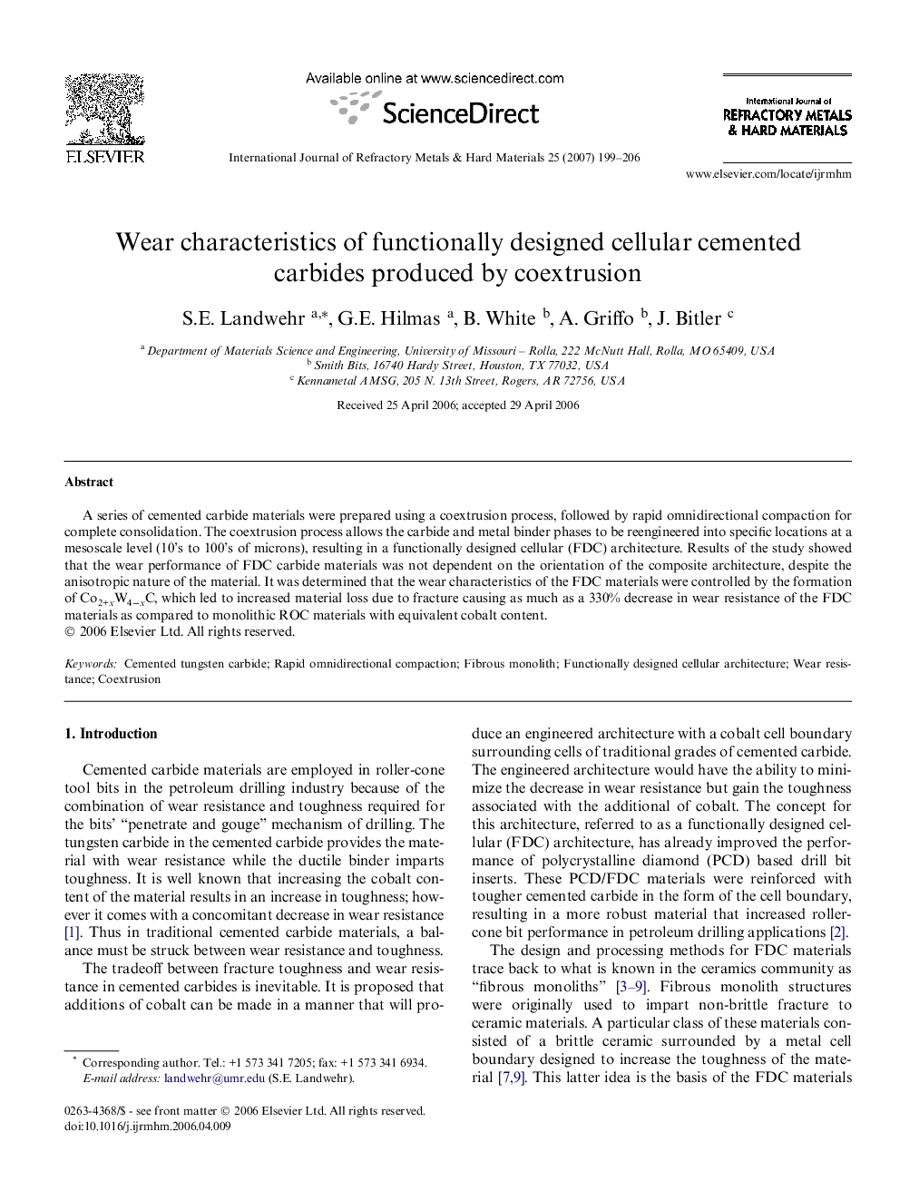Wear characteristics of functionally designed cellular cemented carbides produced by coextrusion