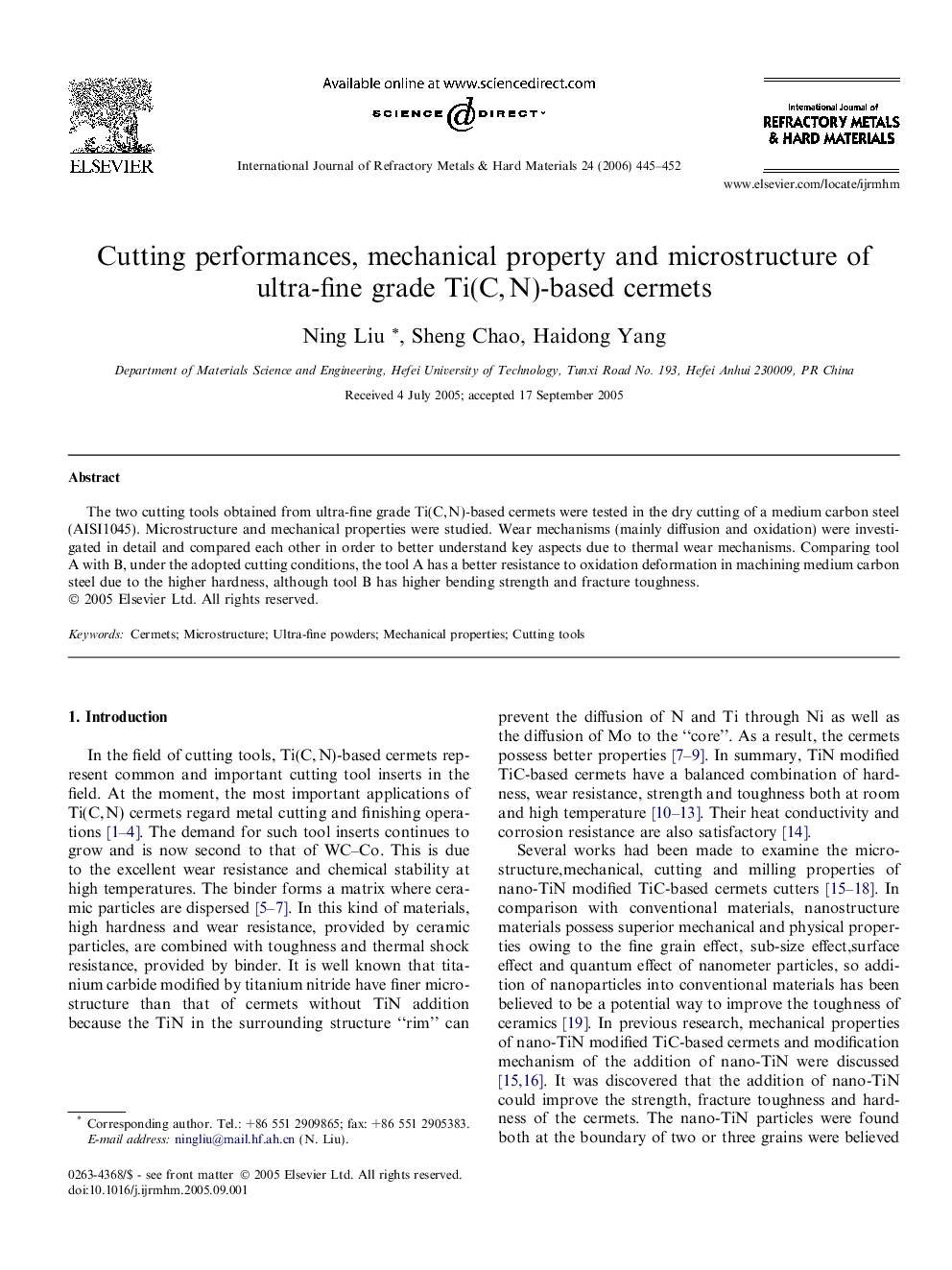 Cutting performances, mechanical property and microstructure of ultra-fine grade Ti(C, N)-based cermets