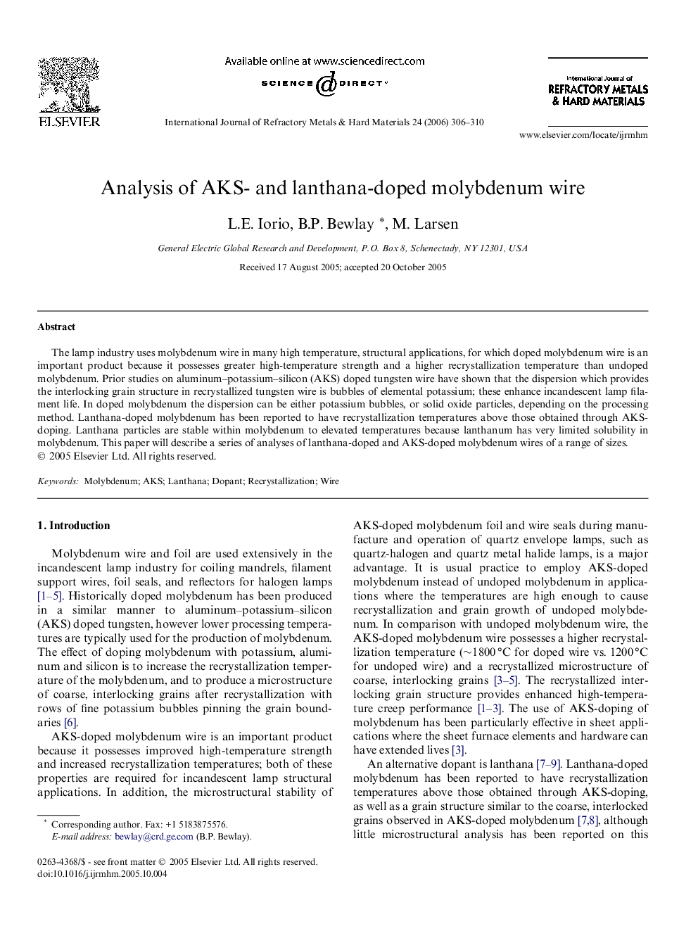 Analysis of AKS- and lanthana-doped molybdenum wire