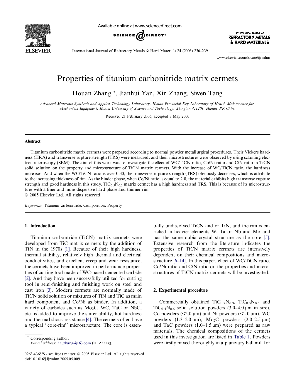 Properties of titanium carbonitride matrix cermets