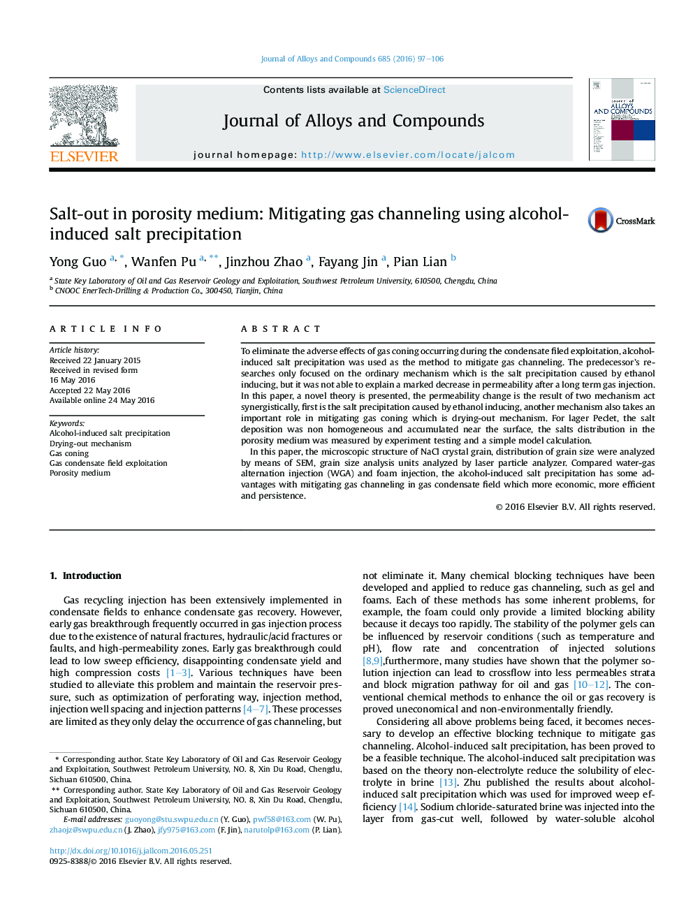 Salt-out in porosity medium: Mitigating gas channeling using alcohol-induced salt precipitation