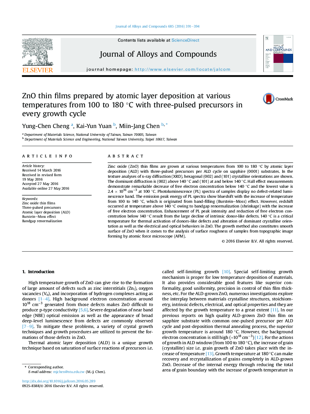 ZnO thin films prepared by atomic layer deposition at various temperatures from 100 to 180 °C with three-pulsed precursors in every growth cycle