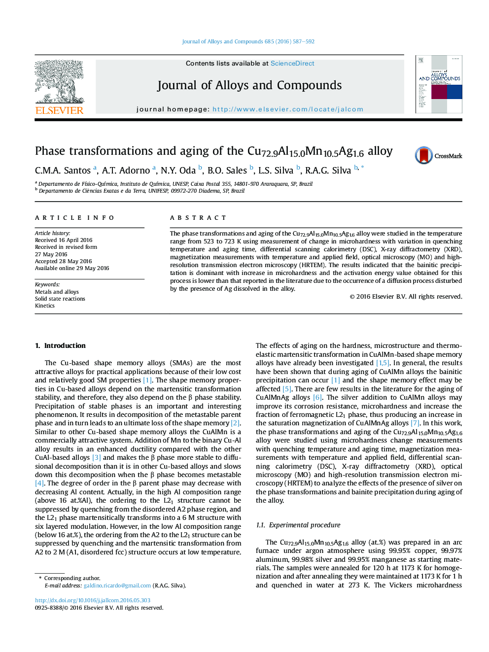 Phase transformations and aging of the Cu72.9Al15.0Mn10.5Ag1.6 alloy