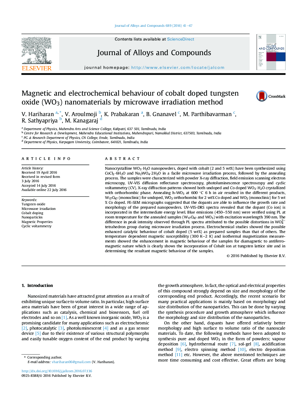 Magnetic and electrochemical behaviour of cobalt doped tungsten oxide (WO3) nanomaterials by microwave irradiation method