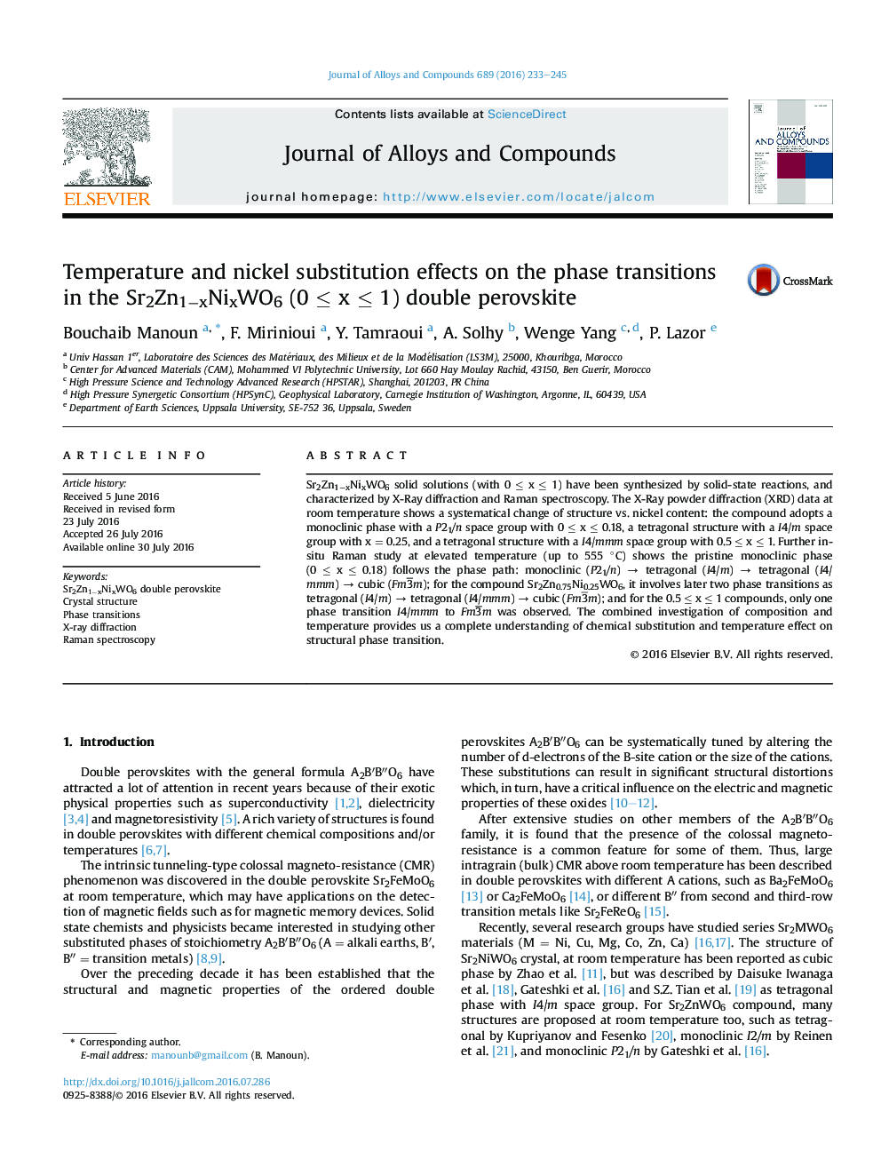 Temperature and nickel substitution effects on the phase transitions inÂ the Sr2Zn1âxNixWO6 (0Â â¤Â xÂ â¤Â 1) double perovskite