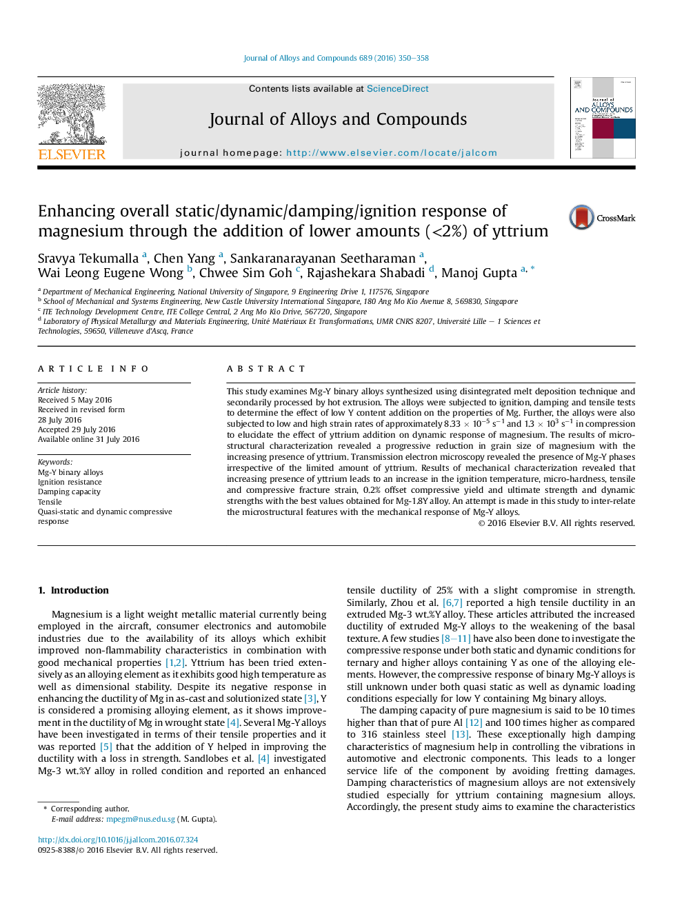 Enhancing overall static/dynamic/damping/ignition response of magnesium through the addition of lower amounts (<2%) of yttrium