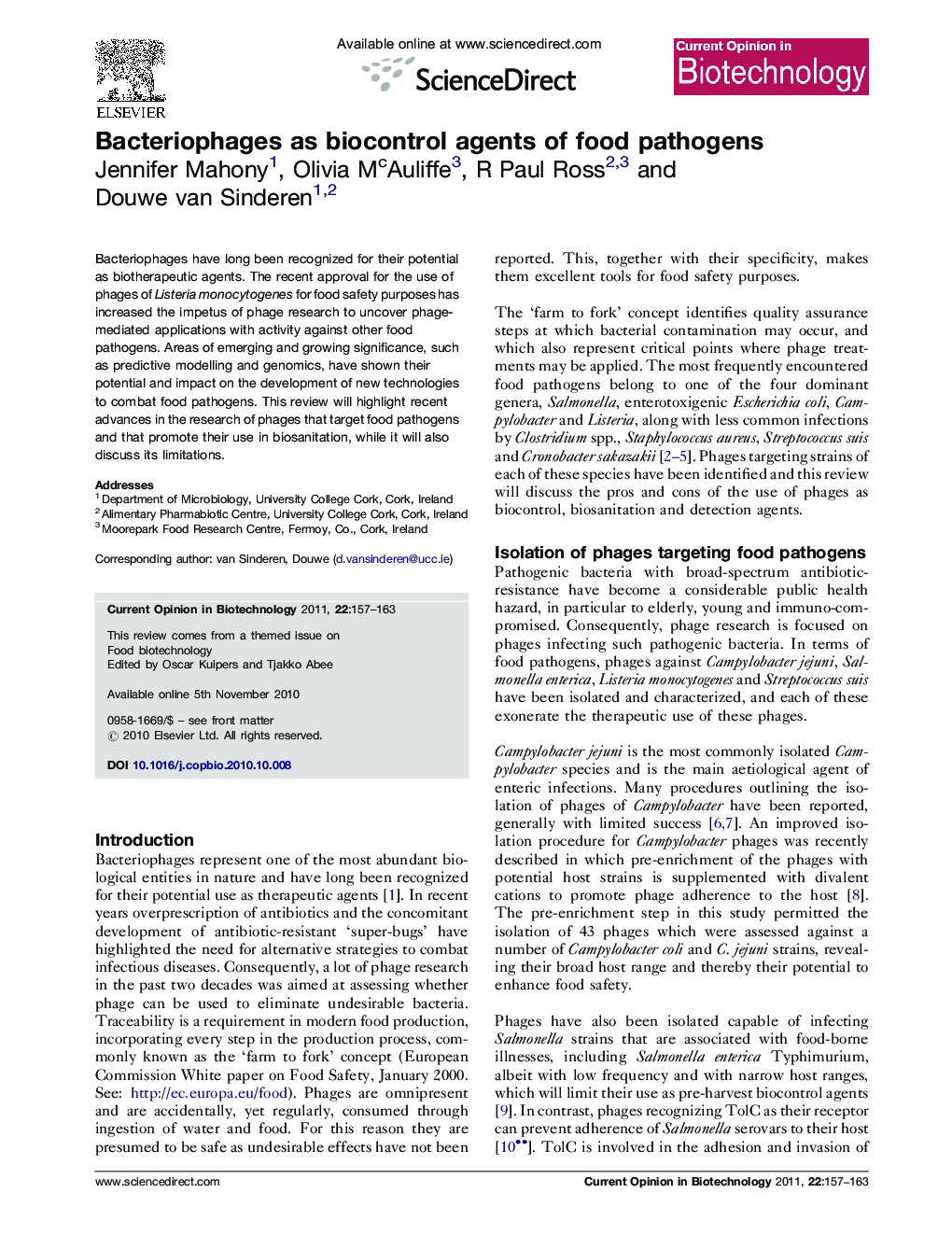 Bacteriophages as biocontrol agents of food pathogens