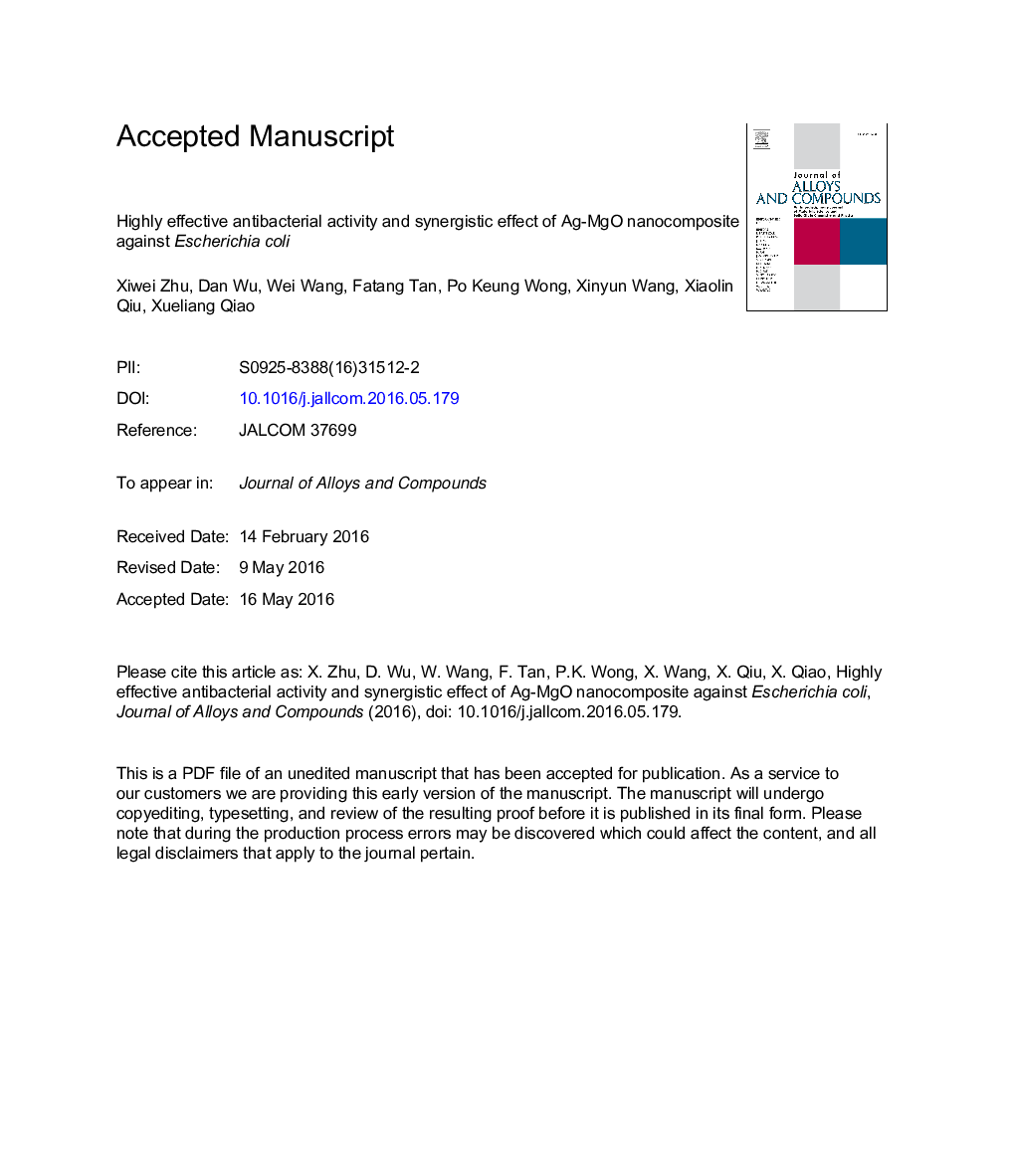 عکس صفحه اول مقاله: Highly effective antibacterial activity and synergistic effect of Ag-MgO nanocomposite against Escherichia coli Highly effective antibacterial activity and synergistic effect of Ag-MgO nanocomposite against Escherichia coli