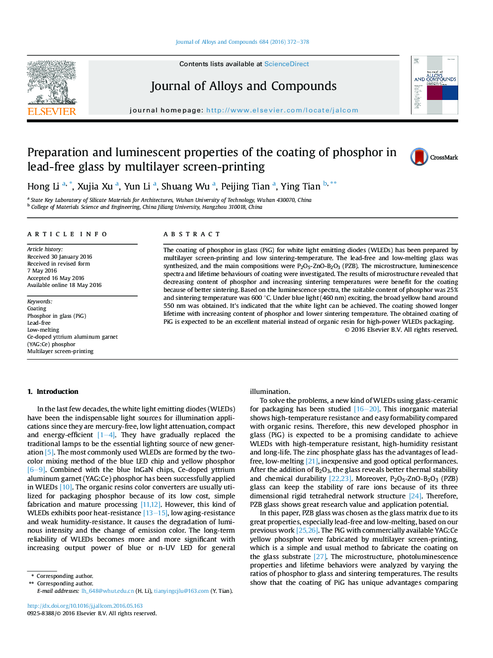 Preparation and luminescent properties of the coating of phosphor in lead-free glass by multilayer screen-printing
