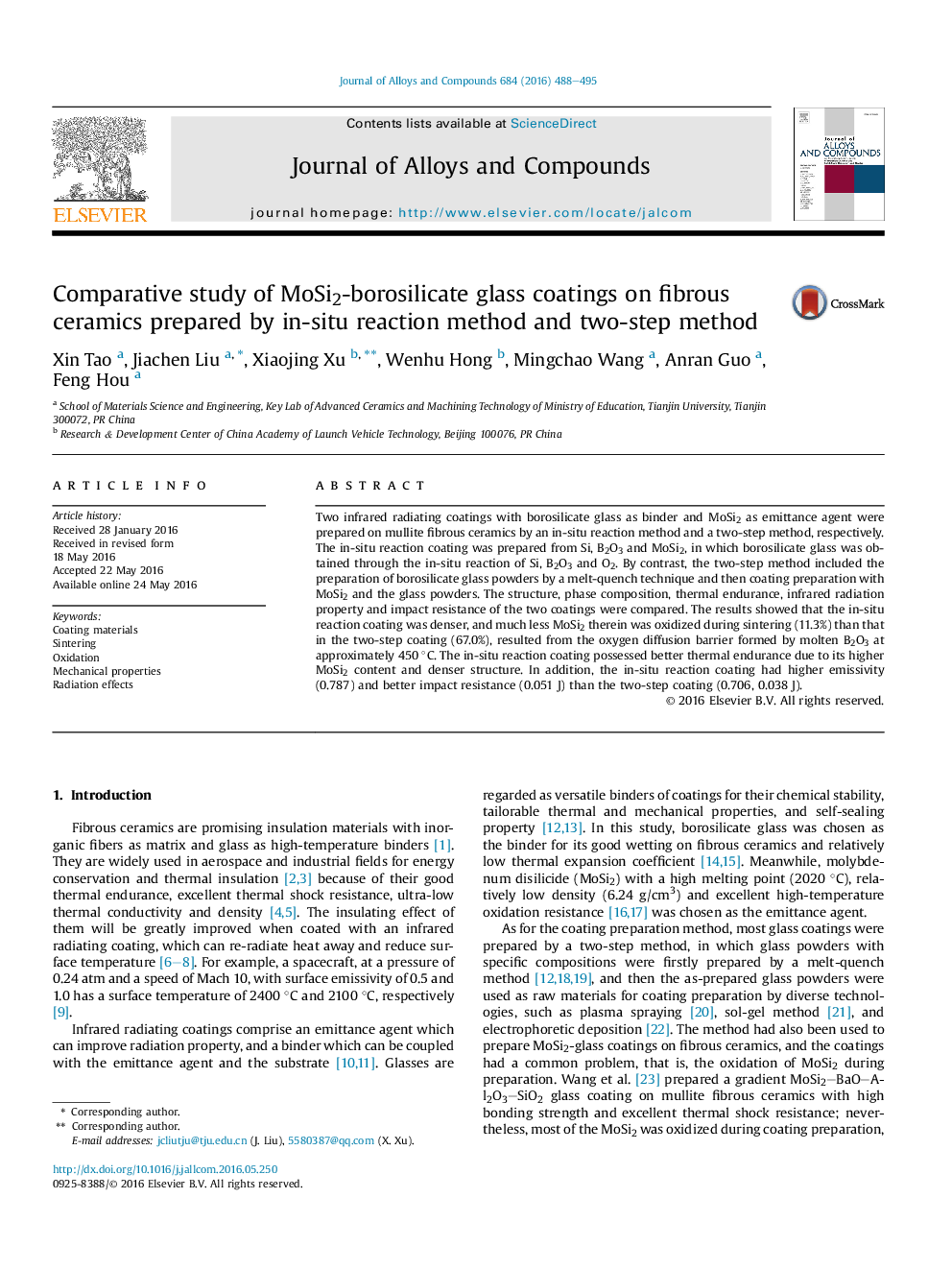 Comparative study of MoSi2-borosilicate glass coatings on fibrous ceramics prepared by in-situ reaction method and two-step method