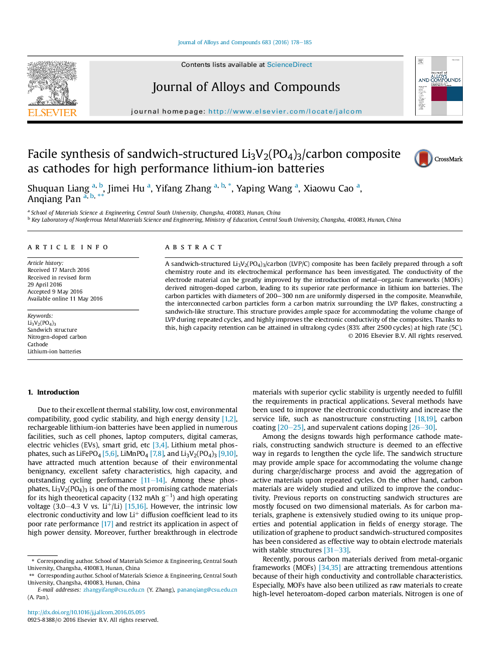 Facile synthesis of sandwich-structured Li3V2(PO4)3/carbon composite as cathodes for high performance lithium-ion batteries