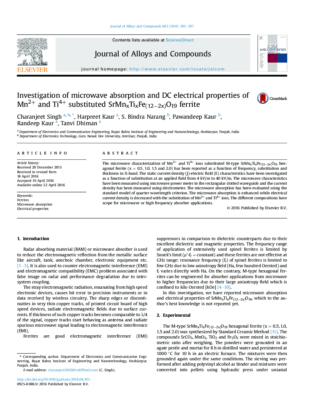 Investigation of microwave absorption and DC electrical properties of Mn2+ and Ti4+ substituted SrMnxTixFe(12â2x)O19 ferrite