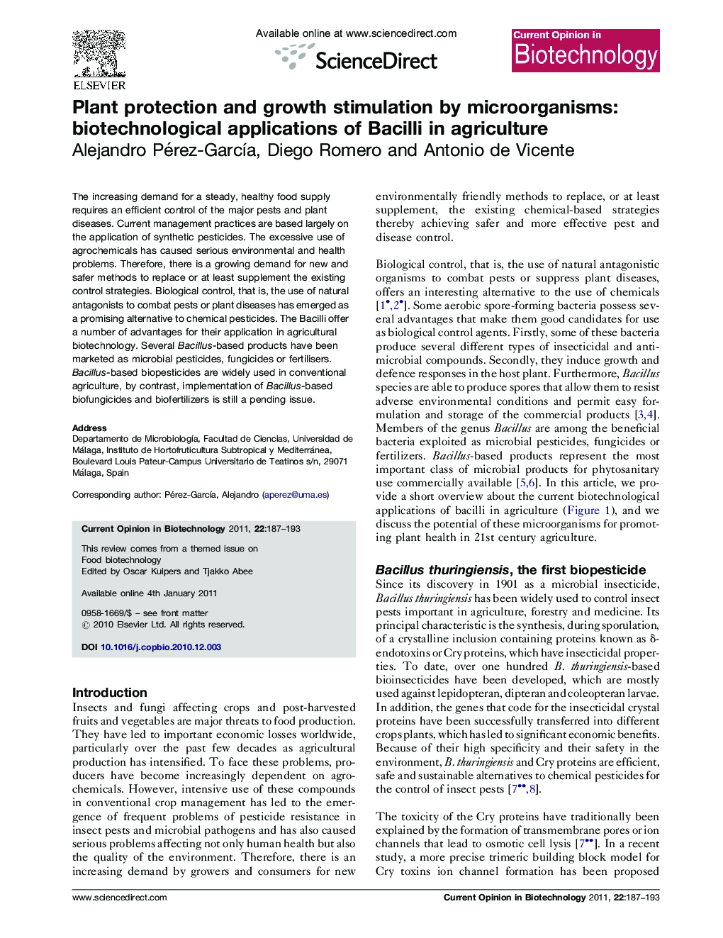 Plant protection and growth stimulation by microorganisms: biotechnological applications of Bacilli in agriculture