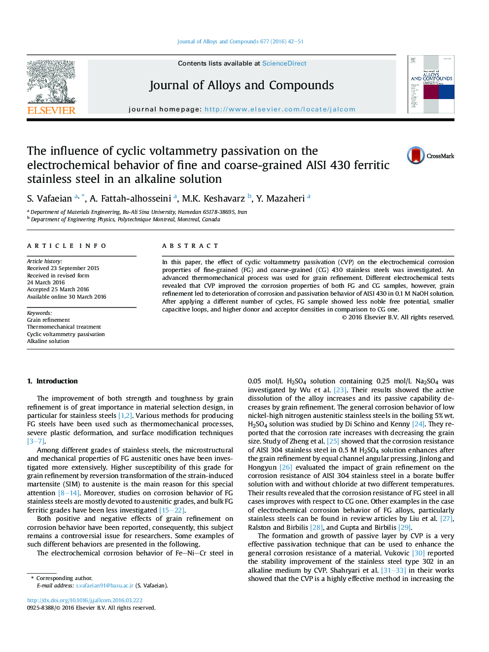 The influence of cyclic voltammetry passivation on the electrochemical behavior of fine and coarse-grained AISI 430 ferritic stainless steel in an alkaline solution