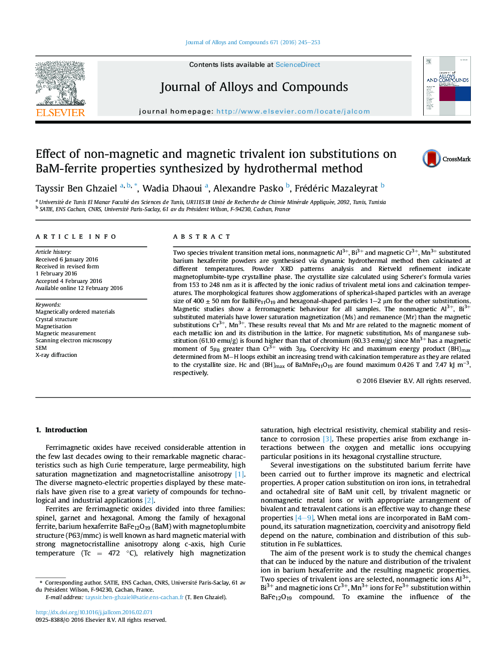 Effect of non-magnetic and magnetic trivalent ion substitutions on BaM-ferrite properties synthesized by hydrothermal method