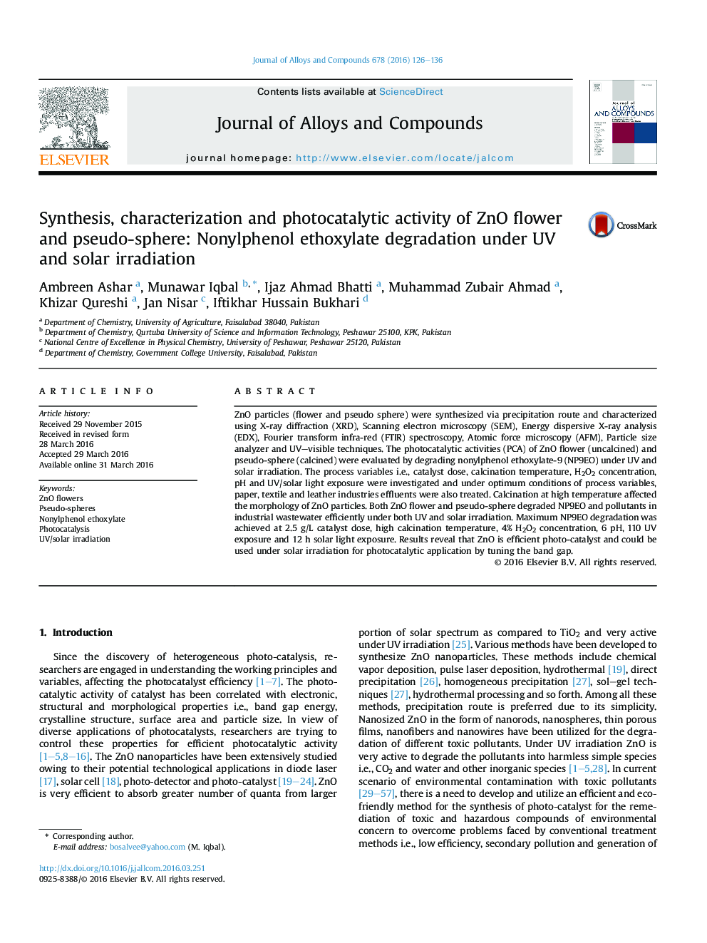 Synthesis, characterization and photocatalytic activity of ZnO flower and pseudo-sphere: Nonylphenol ethoxylate degradation under UV and solar irradiation