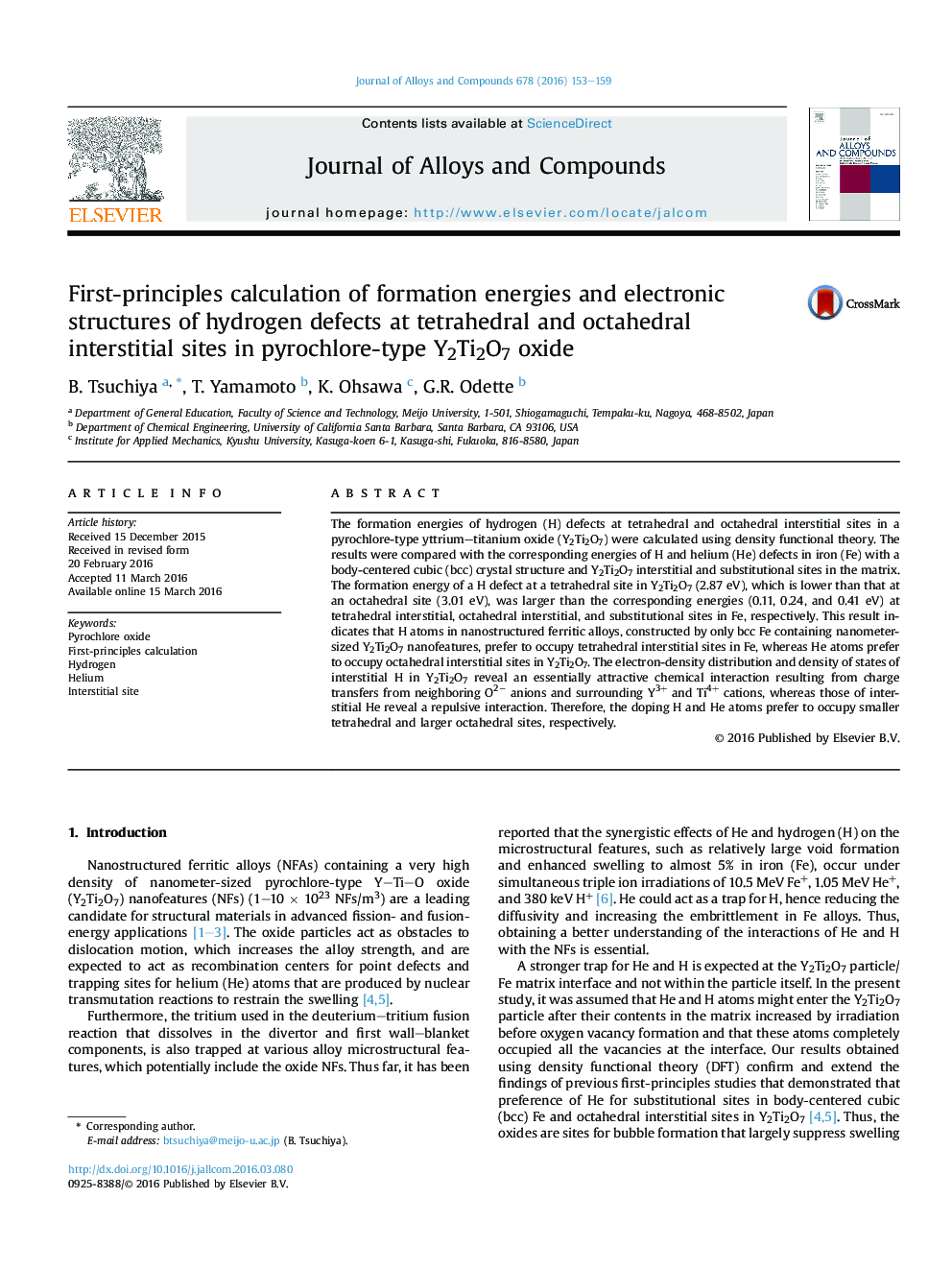 First-principles calculation of formation energies and electronic structures of hydrogen defects at tetrahedral and octahedral interstitial sites in pyrochlore-type Y2Ti2O7 oxide