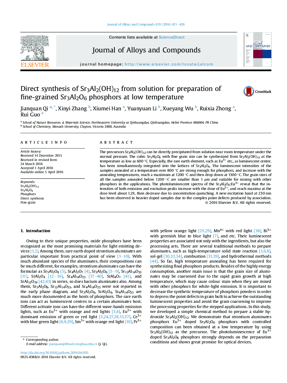 Direct synthesis of Sr3Al2(OH)12 from solution for preparation of fine-grained Sr3Al2O6 phosphors at low temperature