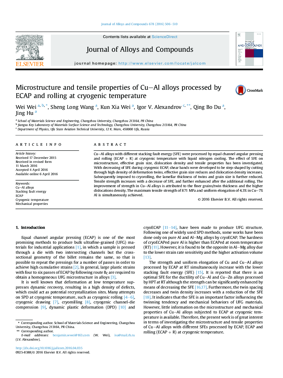 Microstructure and tensile properties of CuAl alloys processed by ECAP and rolling at cryogenic temperature