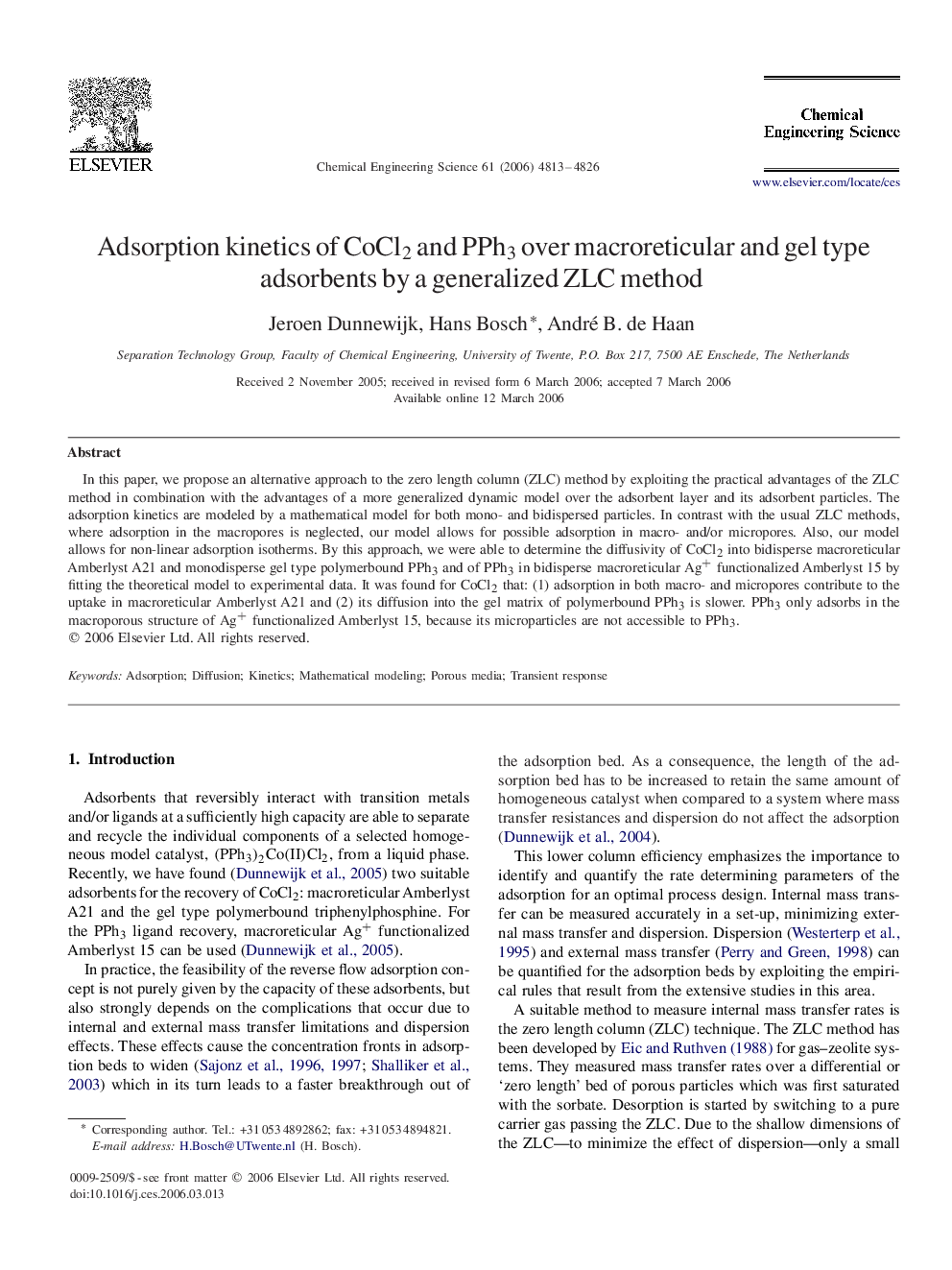 Adsorption kinetics of CoCl2 and PPh3 over macroreticular and gel type adsorbents by a generalized ZLC method