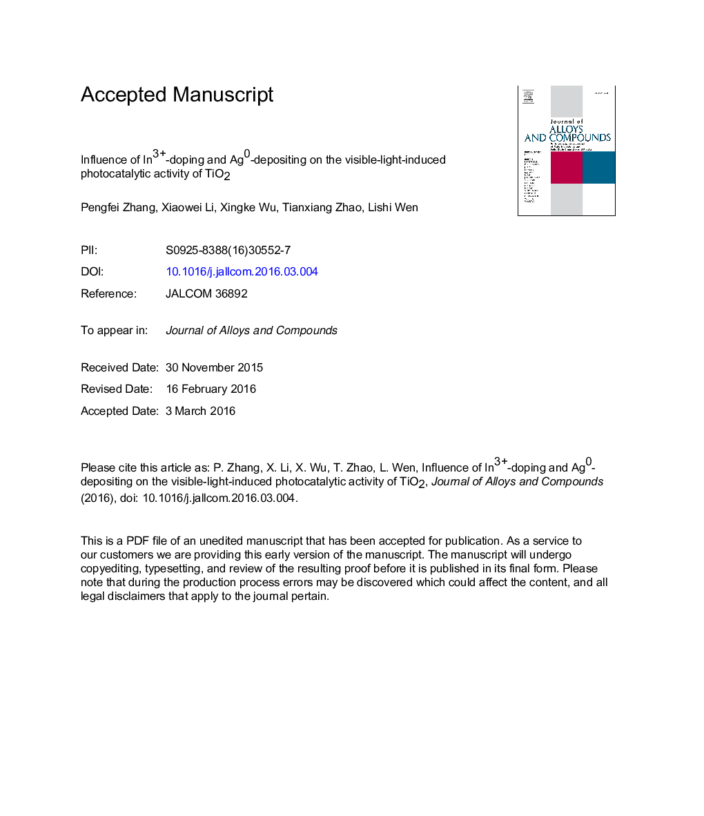 Influence of In3+-doping and Ag0-depositing on the visible-light-induced photocatalytic activity of TiO2