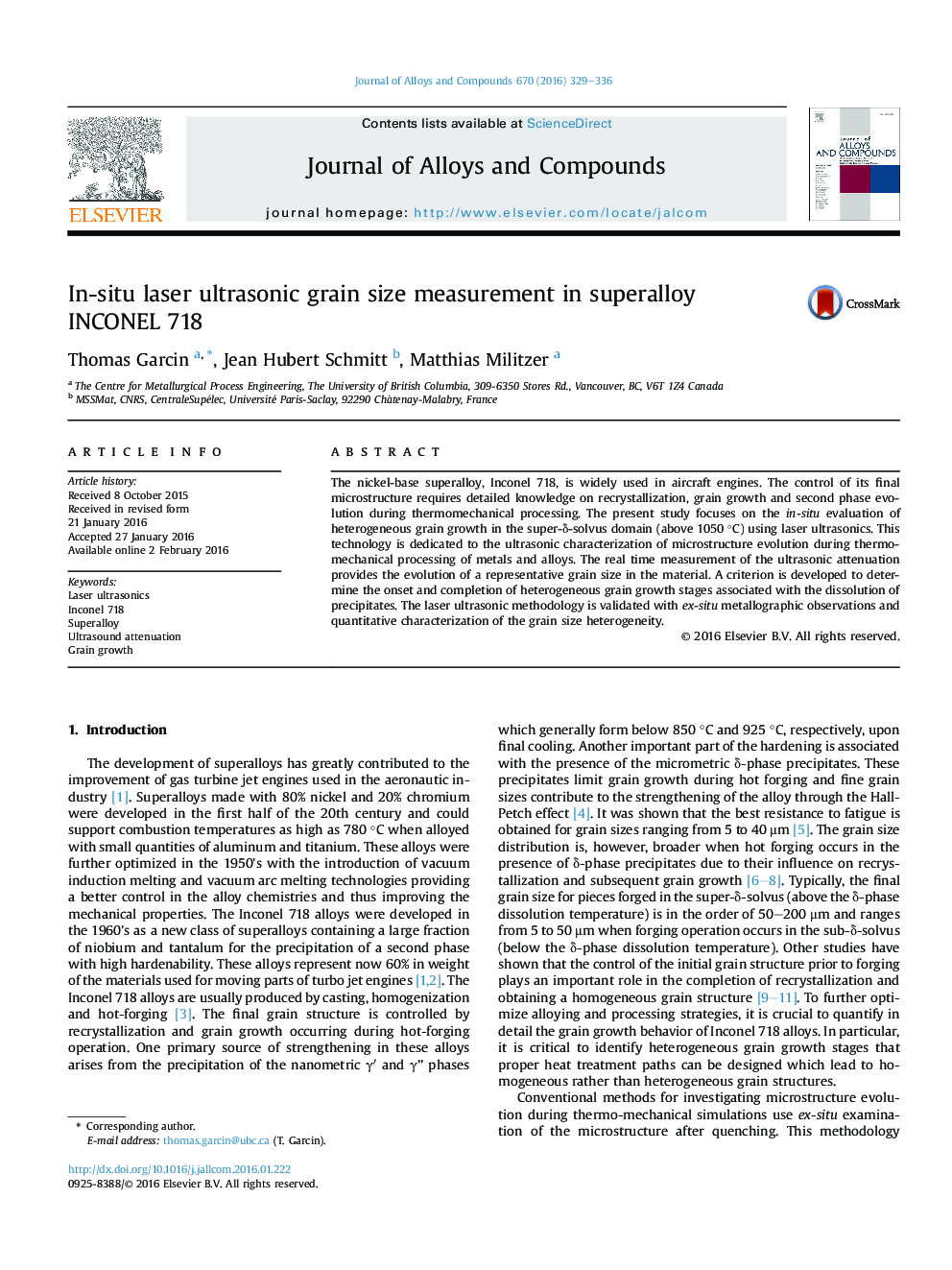 In-situ laser ultrasonic grain size measurement in superalloy INCONEL 718