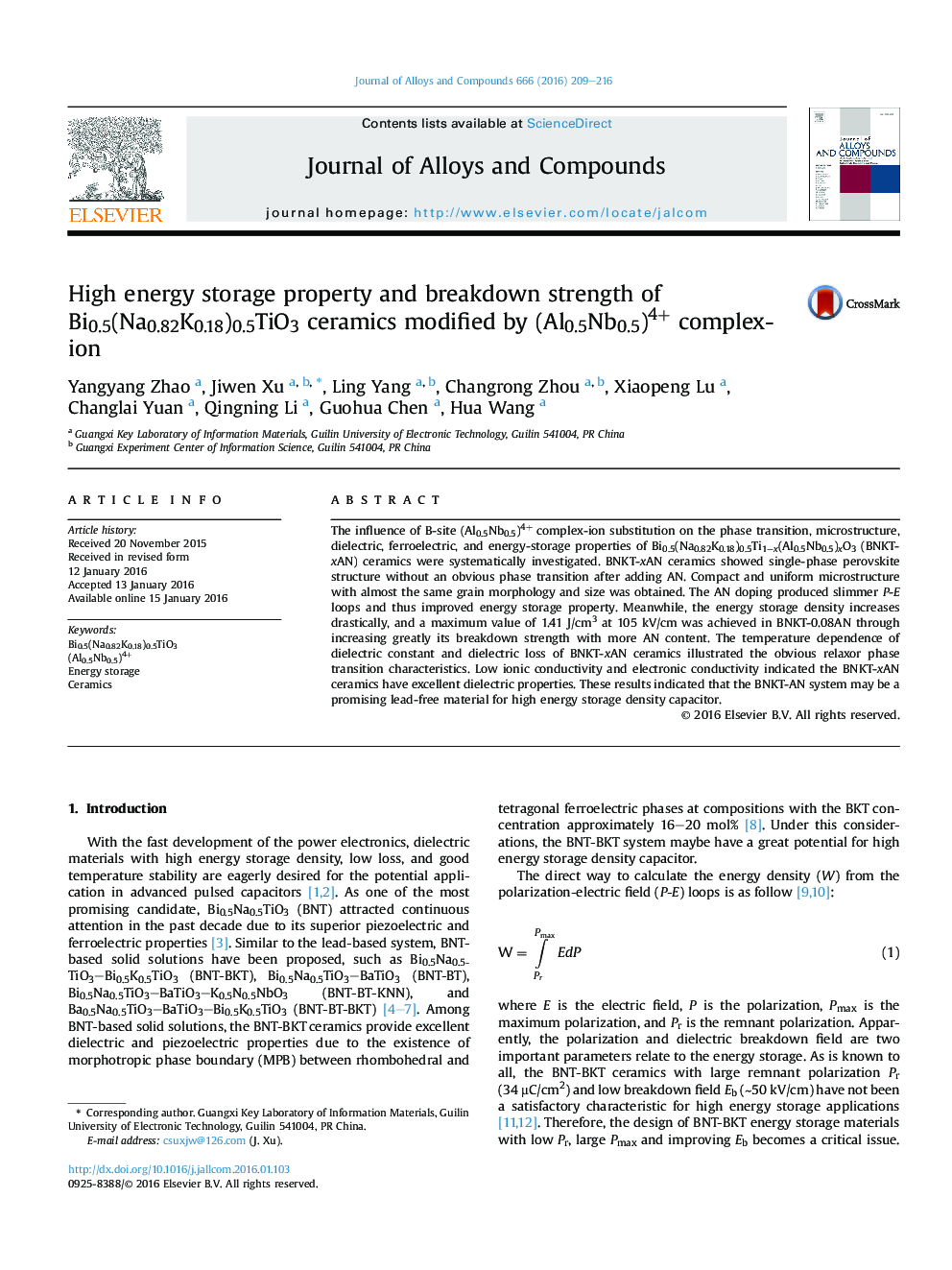 High energy storage property and breakdown strength of Bi0.5(Na0.82K0.18)0.5TiO3 ceramics modified by (Al0.5Nb0.5)4+ complex-ion