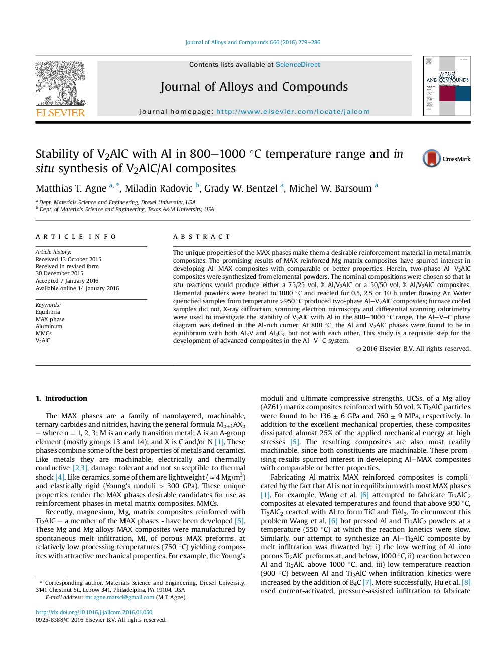 Stability of V2AlC with Al in 800-1000Â Â°C temperature range and in situ synthesis of V2AlC/Al composites