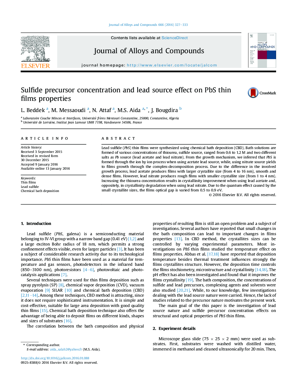 Sulfide precursor concentration and lead source effect on PbS thin films properties