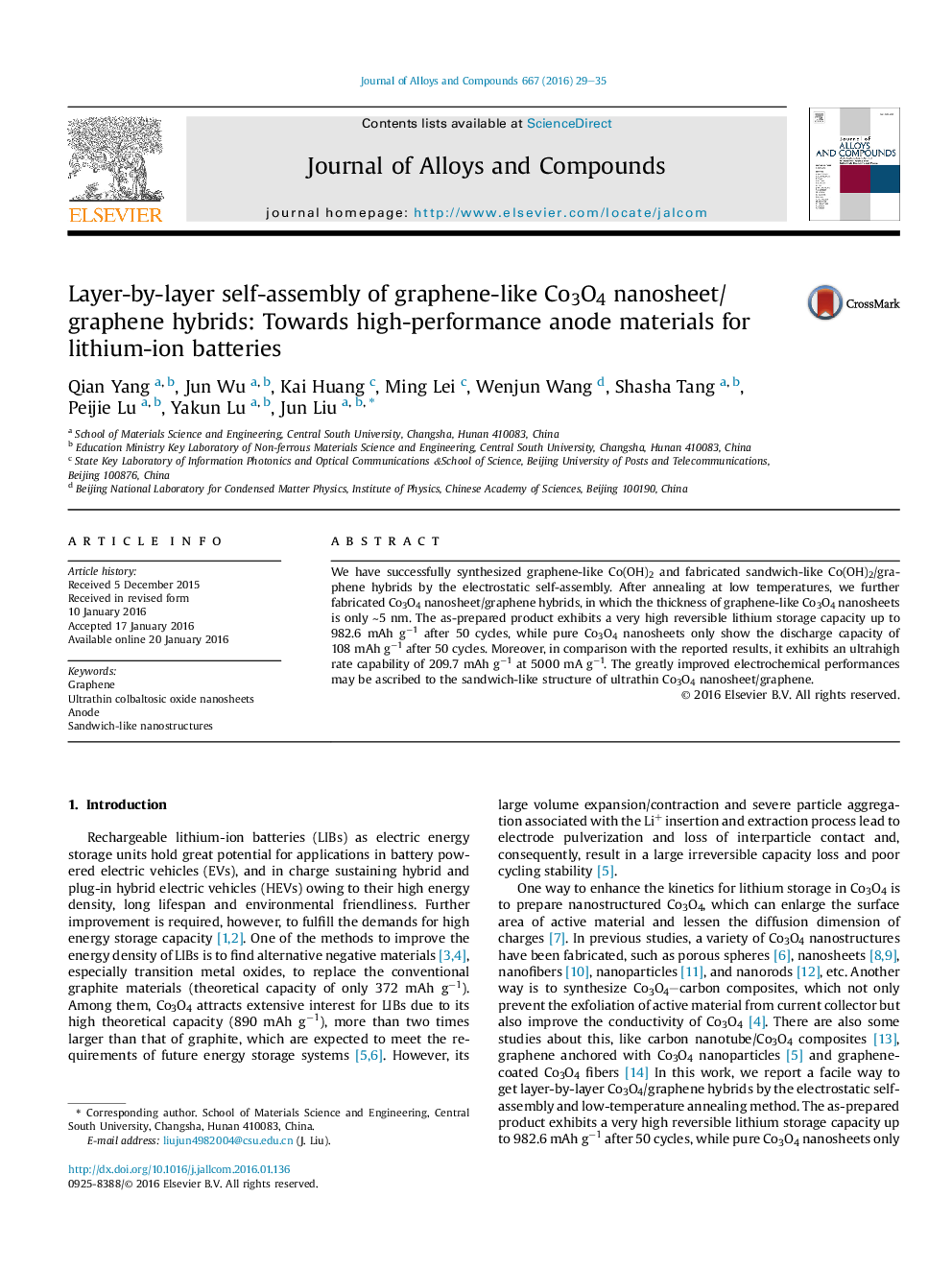 عکس صفحه اول مقاله: Layer-by-layer self-assembly of graphene-like Co3O4 nanosheet/graphene hybrids: Towards high-performance anode materials for lithium-ion batteries Layer-by-layer self-assembly of graphene-like Co3O4 nanosheet/graphene hybrids: Towards high-performance anode materials for lithium-ion batteries