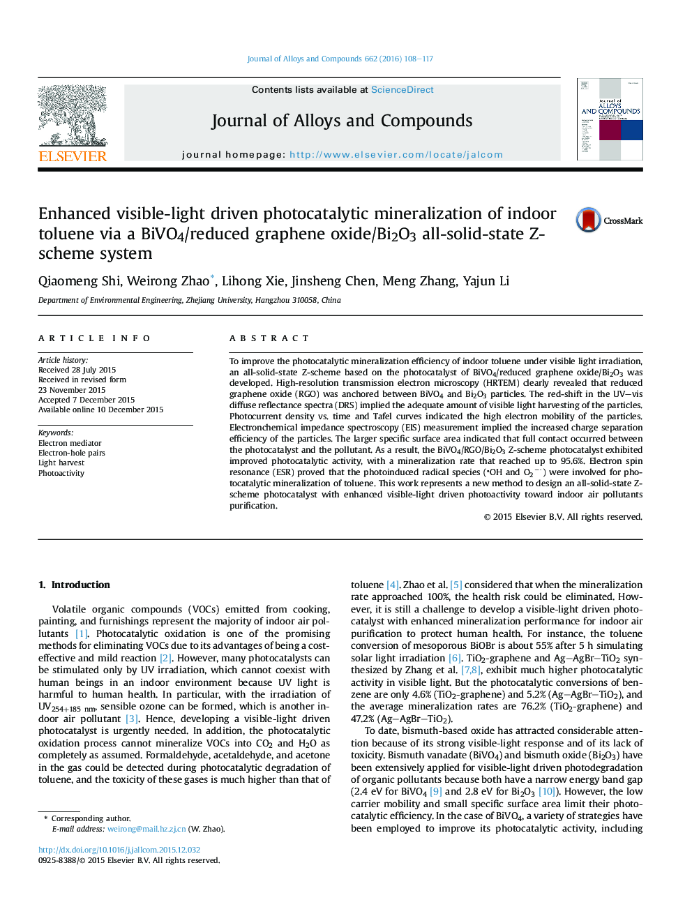 Enhanced visible-light driven photocatalytic mineralization of indoor toluene via a BiVO4/reduced graphene oxide/Bi2O3 all-solid-state Z-scheme system