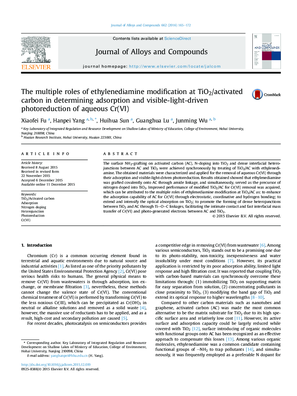 The multiple roles of ethylenediamine modification at TiO2/activated carbon in determining adsorption and visible-light-driven photoreduction of aqueous Cr(VI)