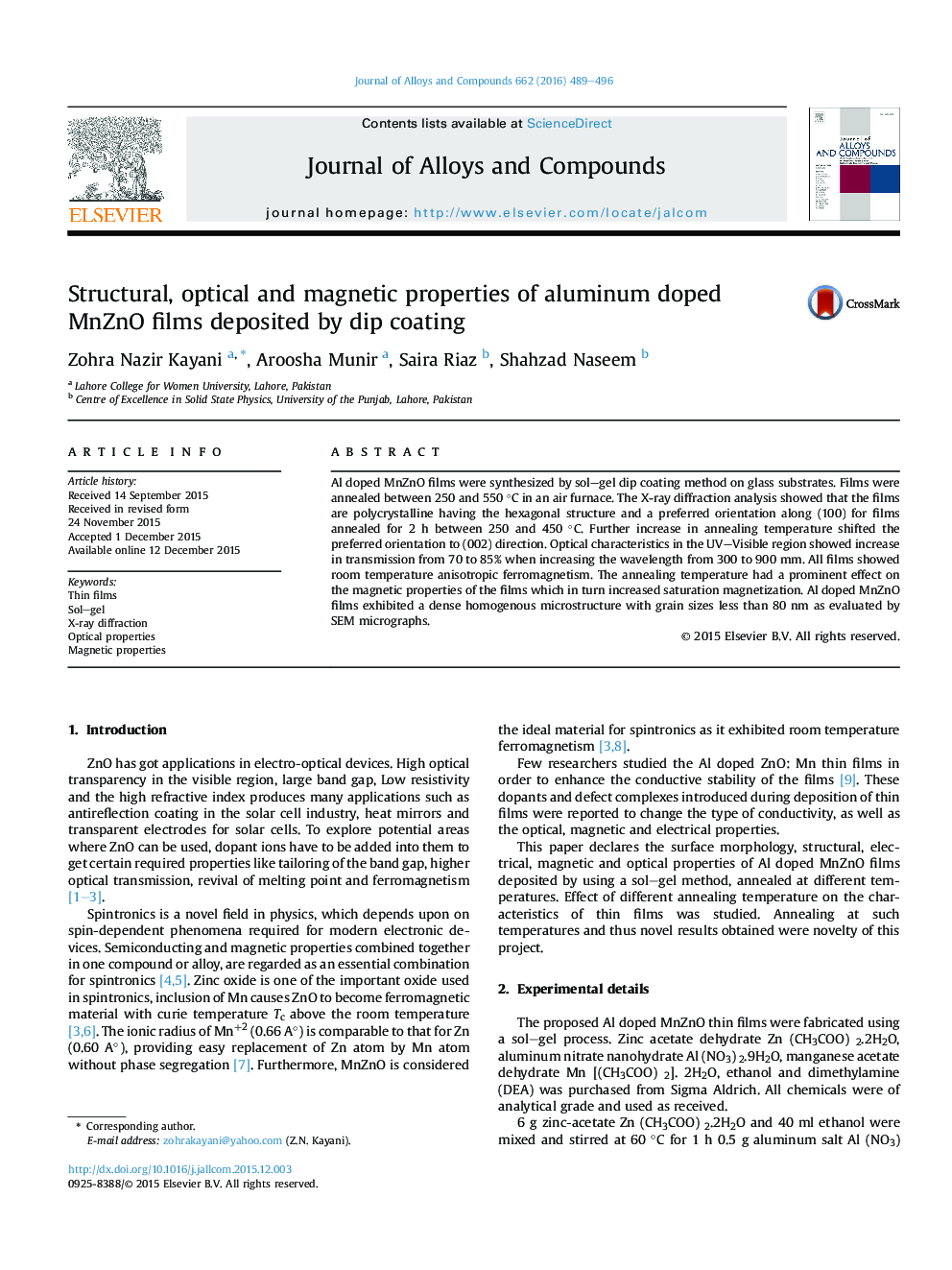 Structural, optical and magnetic properties of aluminum doped MnZnO films deposited by dip coating