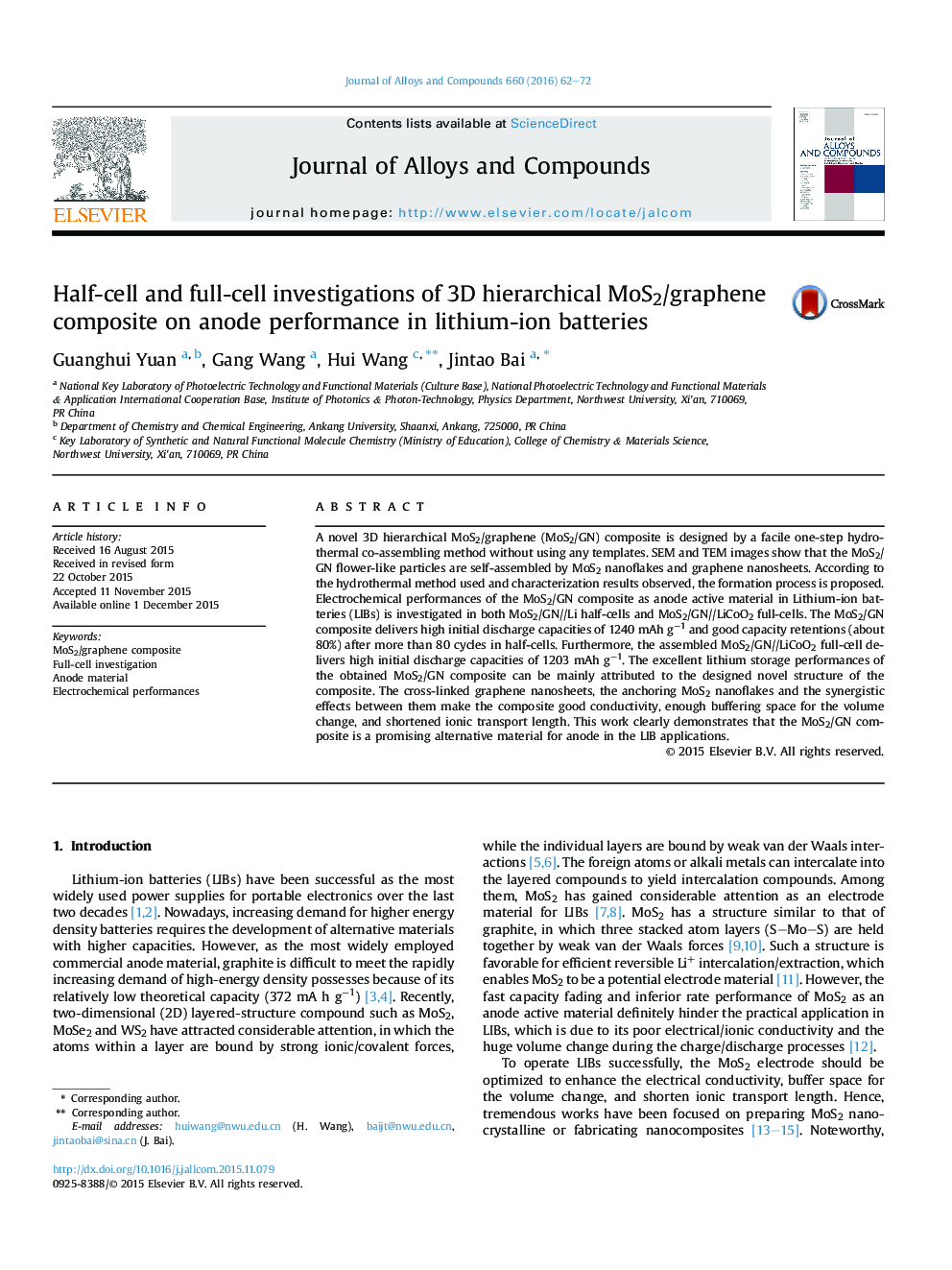 Half-cell and full-cell investigations of 3D hierarchical MoS2/graphene composite on anode performance in lithium-ion batteries