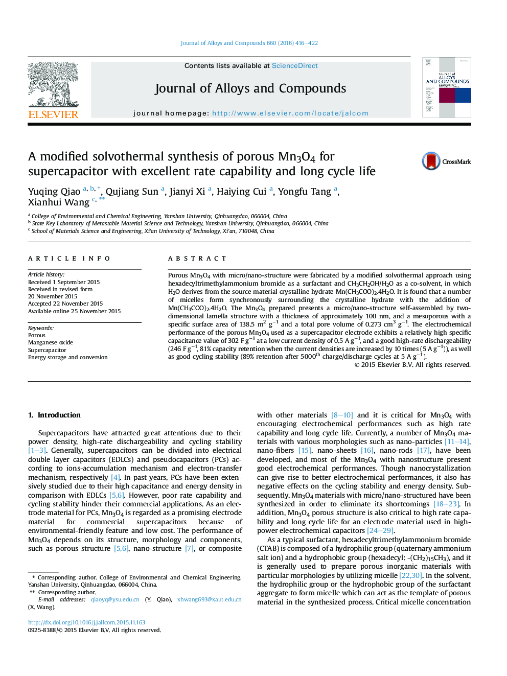 A modified solvothermal synthesis of porous Mn3O4 for supercapacitor with excellent rate capability and long cycle life