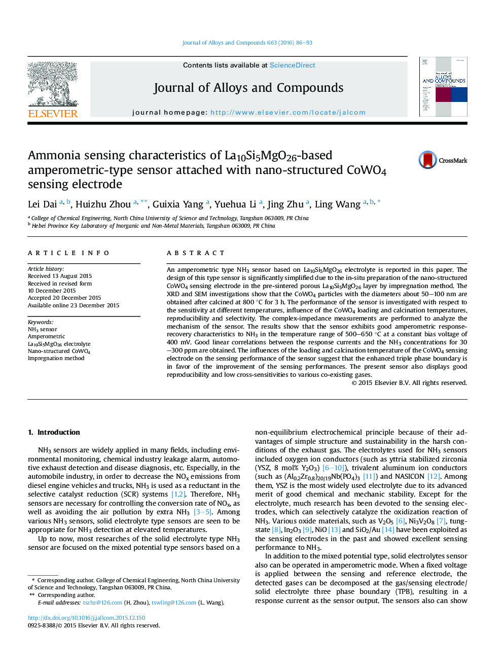 Ammonia sensing characteristics of La10Si5MgO26-based amperometric-type sensor attached with nano-structured CoWO4 sensing electrode