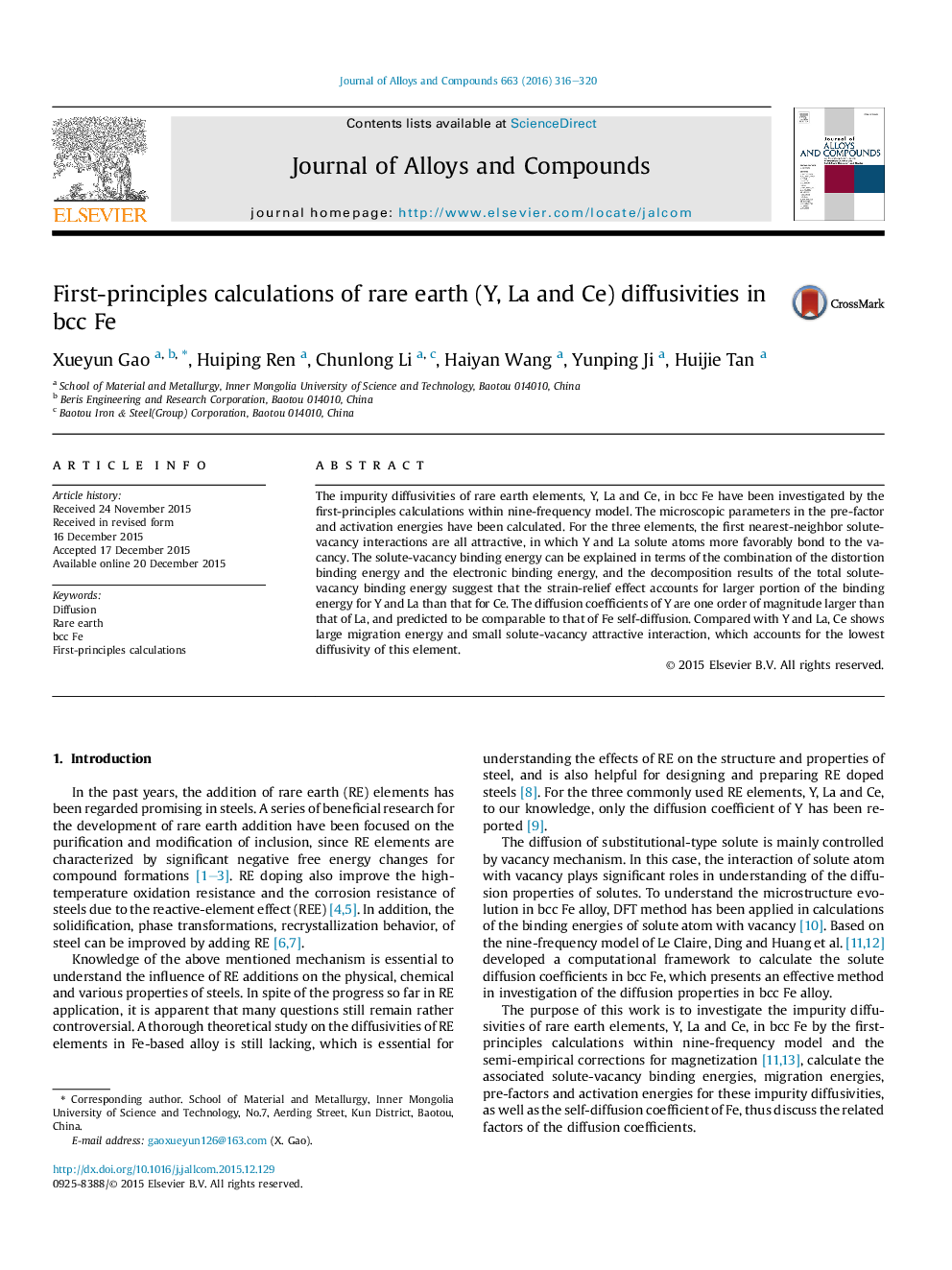 First-principles calculations of rare earth (Y, La and Ce) diffusivities in bcc Fe