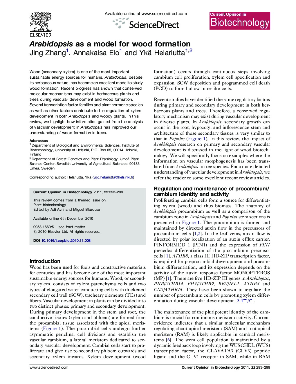 Arabidopsis as a model for wood formation