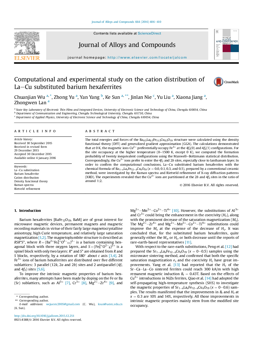 Computational and experimental study on the cation distribution of La–Cu substituted barium hexaferrites