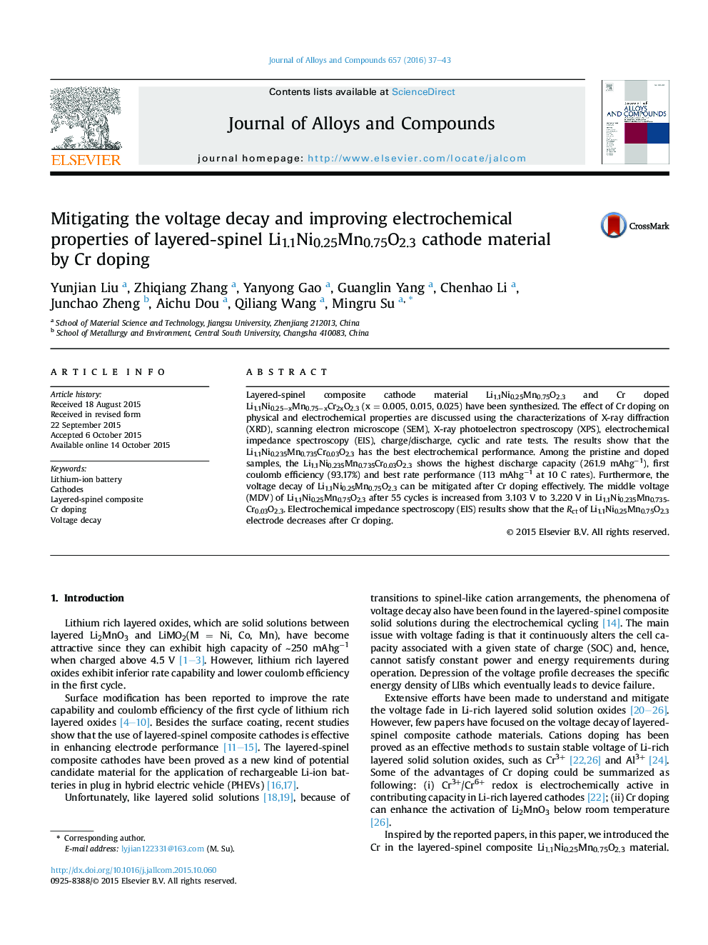 Mitigating the voltage decay and improving electrochemical properties of layered-spinel Li1.1Ni0.25Mn0.75O2.3 cathode material by Cr doping