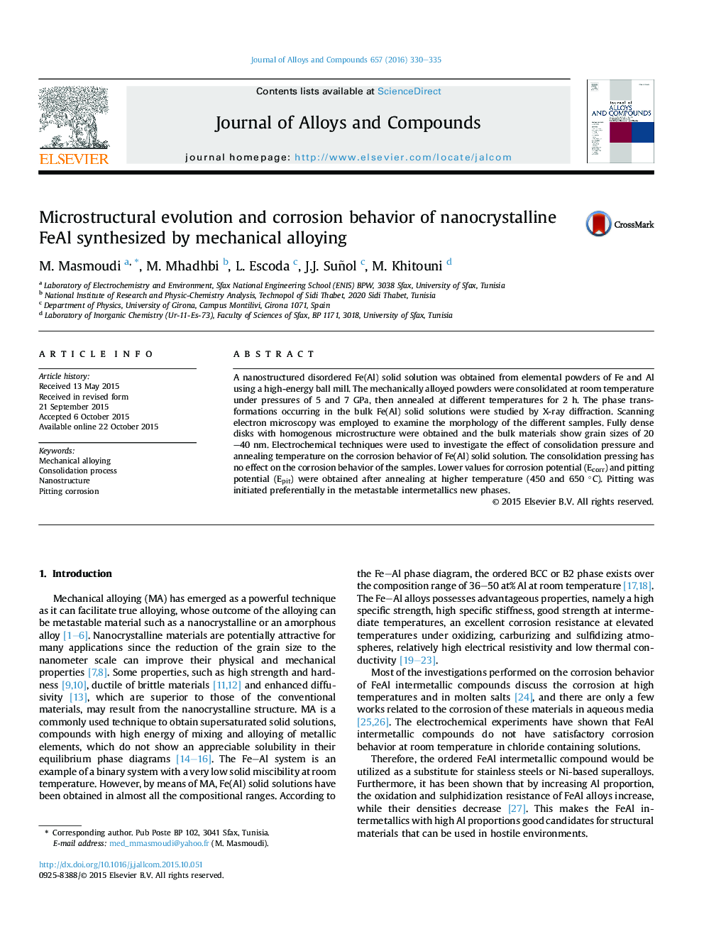 Microstructural evolution and corrosion behavior of nanocrystalline FeAl synthesized by mechanical alloying