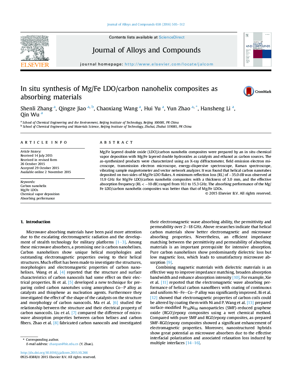 In situ synthesis of Mg/Fe LDO/carbon nanohelix composites as absorbing materials