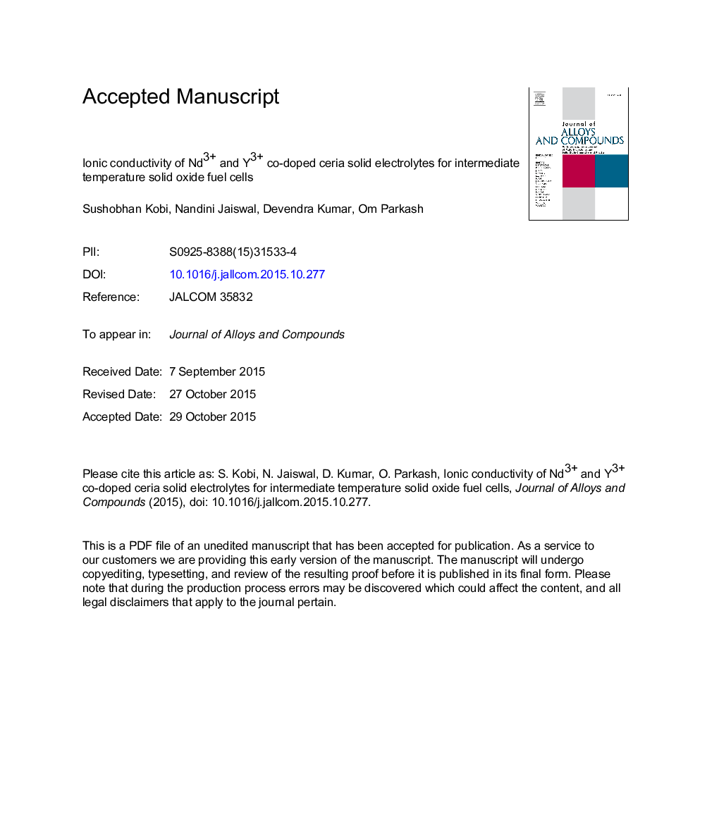 Ionic conductivity of Nd3+ and Y3+ co-doped ceria solid electrolytes for intermediate temperature solid oxide fuel cells