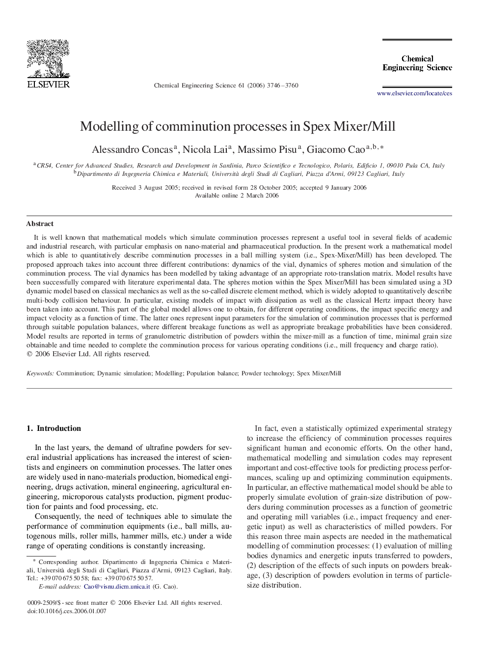 Modelling of comminution processes in Spex Mixer/Mill